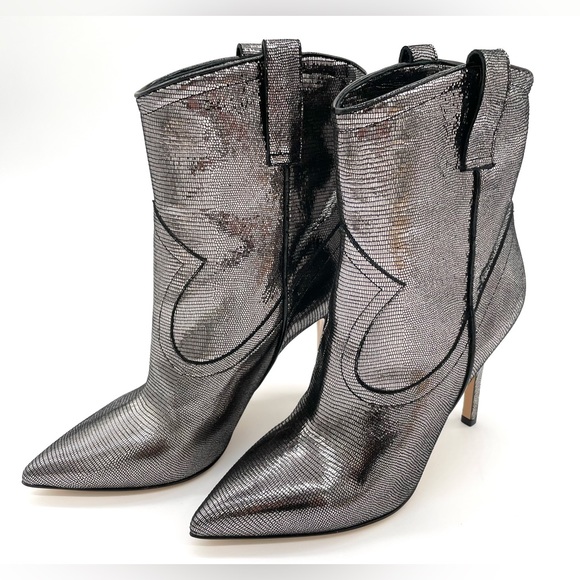 EUC Madison Maison Metallic Effect Silver Leather High Heel Booties 37.5 - Picture 3 of 13
